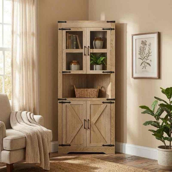 69" Tall Triangle Corner Cabinet with Glass Doors & Open Shelf, 6-Tier Space Saver Storage for