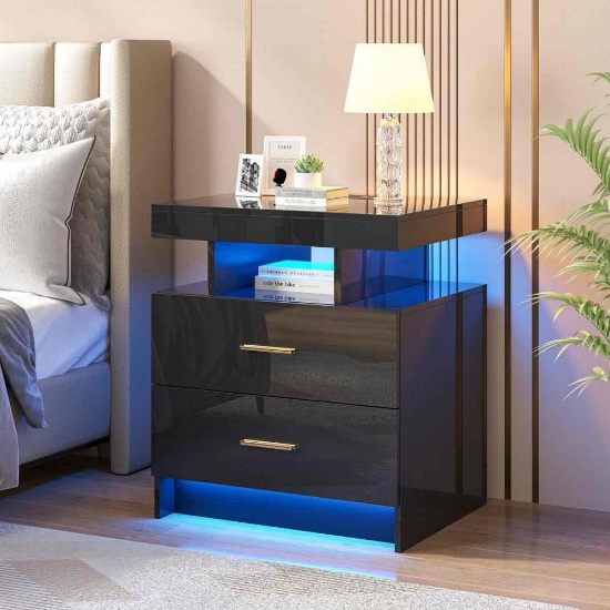 Ashten 19.69" W 2-Drawer Nightstand with USB Port and LED Light