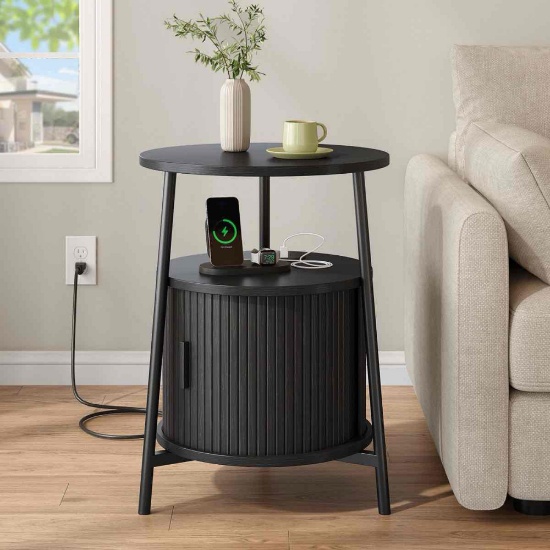 23.8''H Round End Table With Charging Station & Sliding Tambour Door, Fluted Side Table With Storage