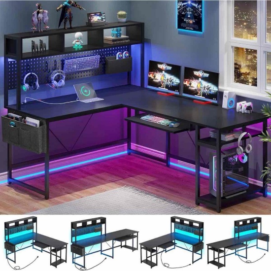 Truet L-Shaped Metal Base Computer Desk with Power Outlet