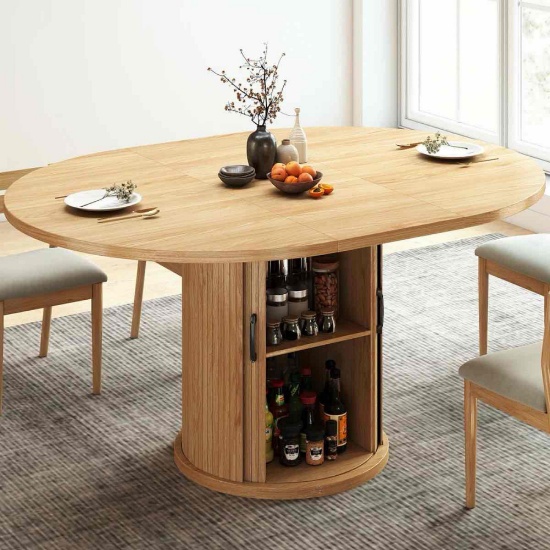 47-63 Inch Extendable Round Dining Table for 4-8 with 2-Tier Storage Shelf
