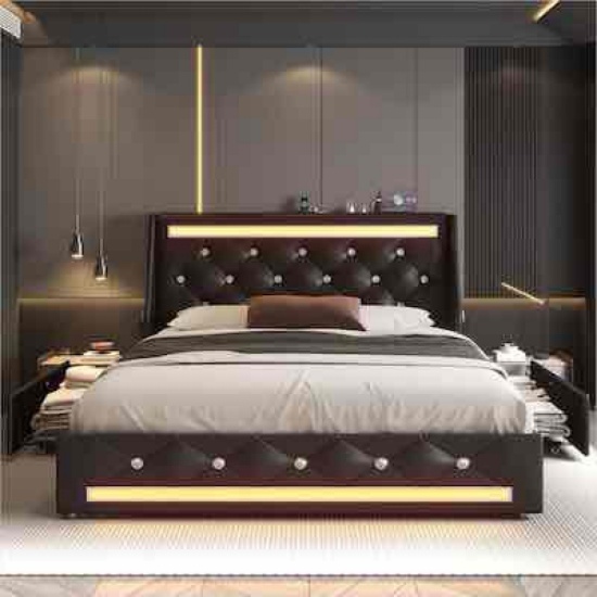 Watnature Full Upholstered Wingback Bed Frame with Diamond Headboard LED Lights Charging Station and