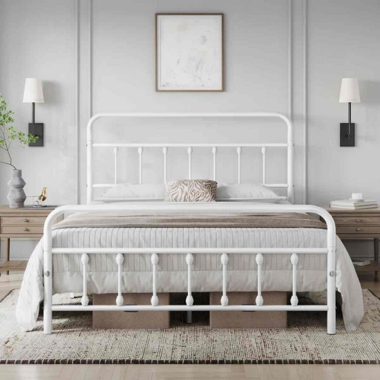 Classic Metal Platform Bed Iron Open-Frame Bed with High Headboard and Footboard Queen Size