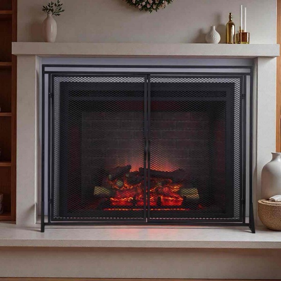 2-Door Iron Metallic Finish Fireplace Screen with Metal Grid