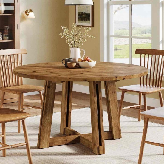 47" Solid Wood Dining Table for 4-6, Farmhouse Round Kitchen Table with Crossed Base