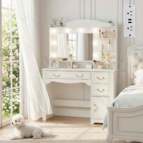 Large Vintage Makeup Vanity Desk With 3-color Lighting Mirror and 3 Drawers, Wood French Country