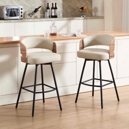 Swivel Faux Leather Counter Stool with Bentwood Backrest (Set of 2)