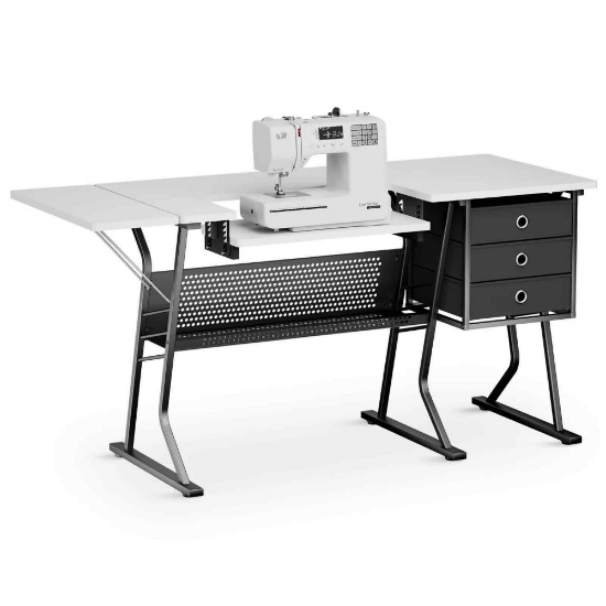 MONIBLOOM Sewing Machine Table - w/ Split Side Table & Height Adjustable Platform - 3 Cloth Drawers