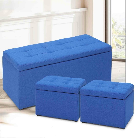 MONIBLOOM Set of 3 Lift top Storage Ottoman Bench Upholstered Footrest w/2 Cube Stool Navy Blue