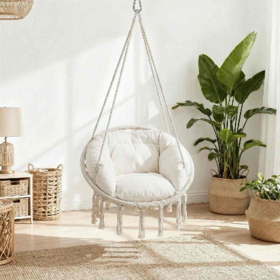 Hanging Cotton Rope Swing - Macrame Hammock Chair - Cushion Seat White