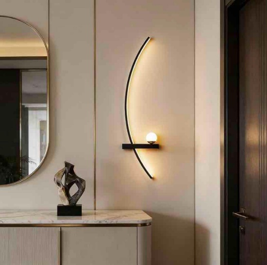 2 Set Modern Black Linear Wall Sconce Minimalist Arc Shaped Metal Wall Lamp Indoor Bedside Decor