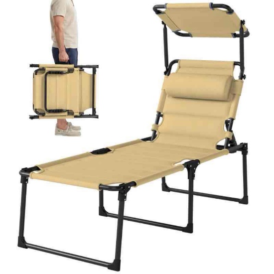 Outsunny Outdoor Lounge Chair, 4 Position Adjustable Backrest, Folding, Cushioned w/ Sun Shade Roof