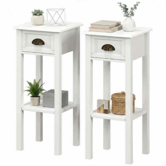 HOMCOM 2-Tier Side Tables Set of 2 with Drawer and Shelf