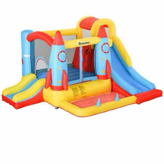 Outsunny Kids Bounce House, 4-in-1 Rocket Inflatable Water Slide Jumping Castle with 2 Slides