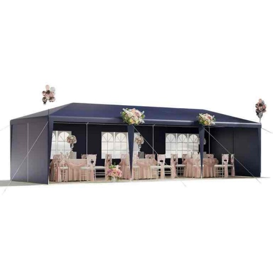Erommy 10x30 ft Party Tent, Waterproof Outdoor Canopy with 6 Sidewalls & 2 Zippered Doors, Blue