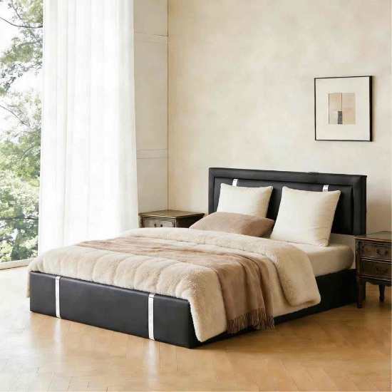 Full Size Lift Up Storage Bed Frame With Adjustable LED Lights Headboard