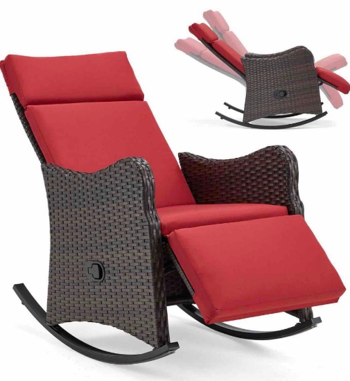 Wicker Rocking Chair with Extended Footrest & Removable Cushion