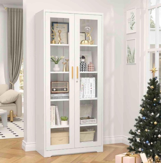 Curio Cabinet with 4 Adjustable Shelves 71" Metal Display Case with Glass Doors