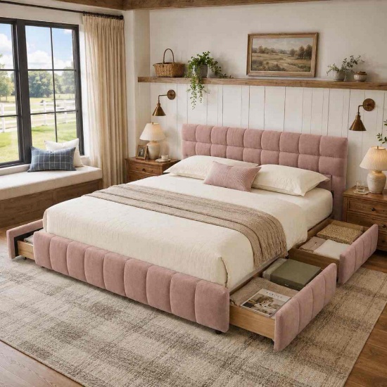 Modern Stylish Chenille Fabric Upholstered Platform Bed with Four Underbed Drawers
