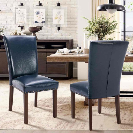 Colamy Set of 2 Blue Upholstered Dining Chair with Nailhead Trim