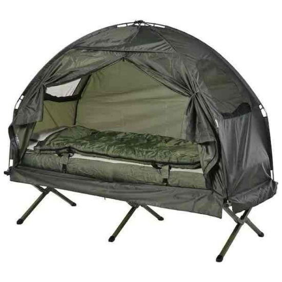 Outsunny All-in-One Folding Camping Cots for Adults, Elevated Tent with Sleeping Bag