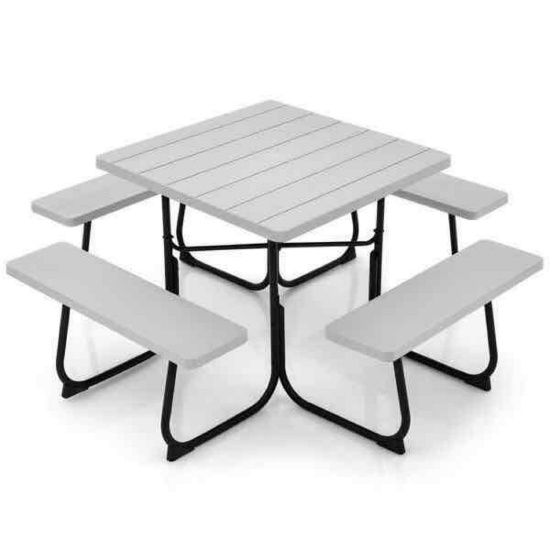 5-Piece Gray Metal Outdoor Dining Picnic Table Set with 4 Benches and Umbrella Hole