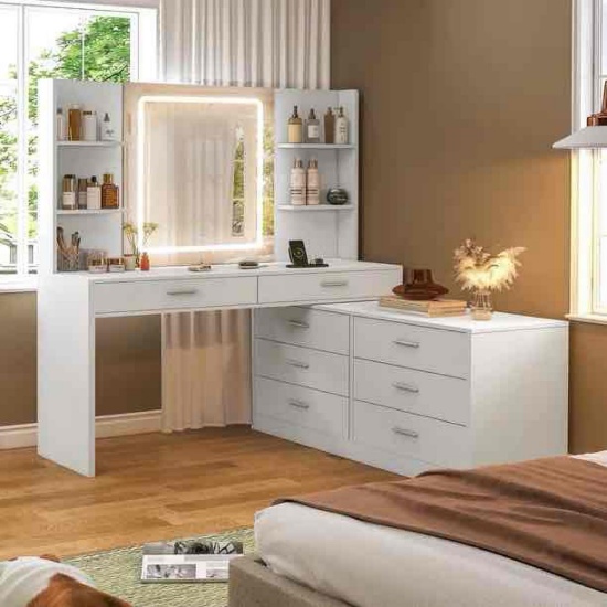 Large Makeup Vanity with LED Light Mirror & Power Outlet, 8 Drawers
