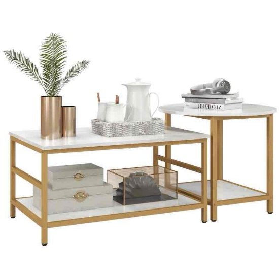 HOMCOM Coffee Tables Set of 2, Rectangle and Round Coffee Table with Storage Shelves