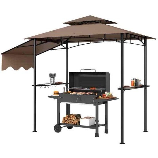 Outsunny 8' x 5' Outdoor Grill Gazebo, Barbecue Gazebo Shelter with Side Awning, 2 Side Shelves and