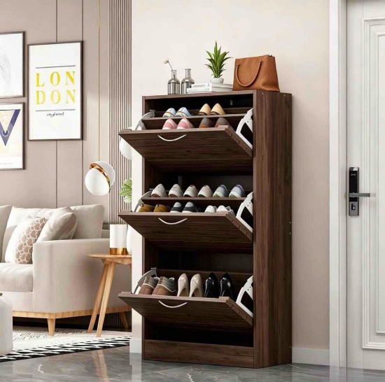 Wood Shoe Cabinet with 3 Flip Drawers for Entryway, Narrow Shoe Storage Cabinet with 3 Flip Drawer