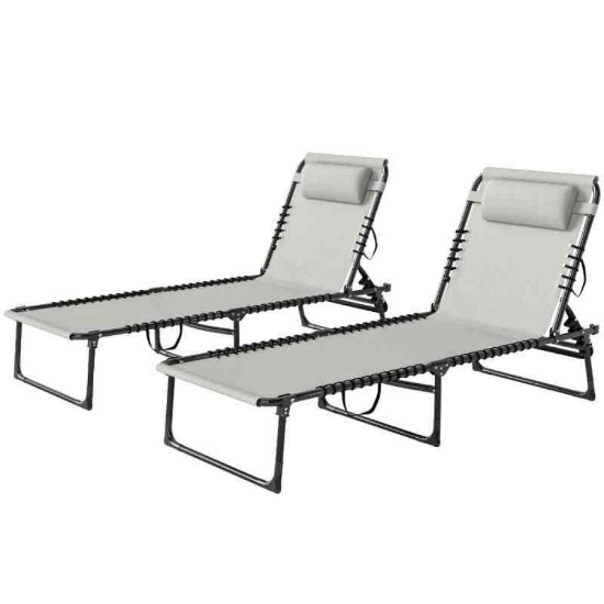 Outsunny 2 Folding Chaise Lounge Pool Chairs with 4-Position Reclining Back, Pillow, Breathable Mesh