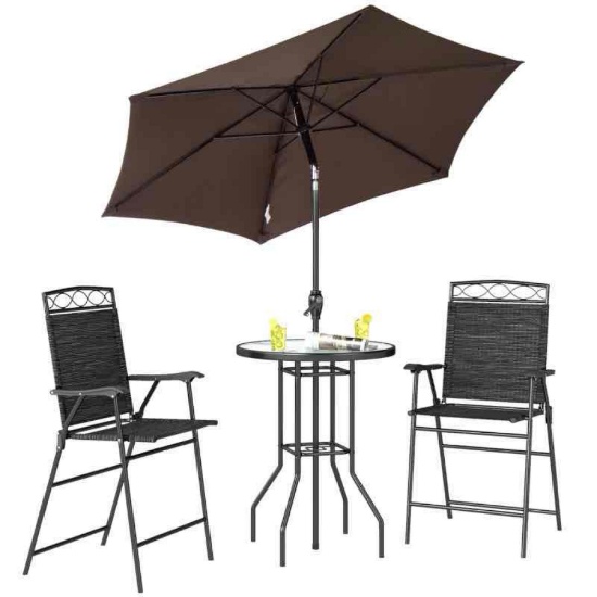 Outsunny 4 Piece Outdoor Bar Set with Umbrella, Patio Dining Set with 2 Folding Chairs