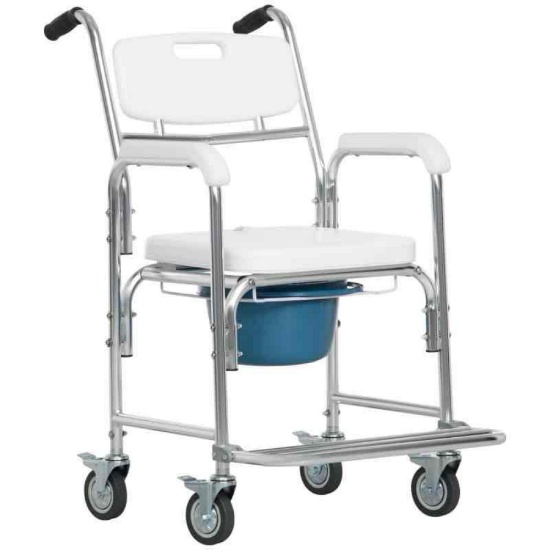 HOMCOM 3-in-1 Shower Commode Wheelchair, Transport Beside Commode Chair, Waterproof Rolling Over