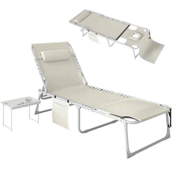 Outsunny Tanning Chair with Face Hole and Side Table, 5-Position Folding Outdoor Chaise Lounge