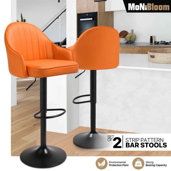 MONIBLOOM Strip Pattern Bar Stool w/Surrounded Seatback 2 Pcs Orange