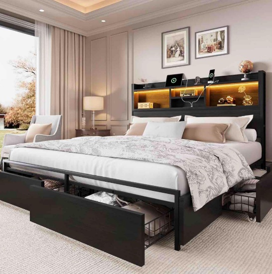 LARMACE Queen Size Bed Frame with 6 Storage Drawers and Headboard