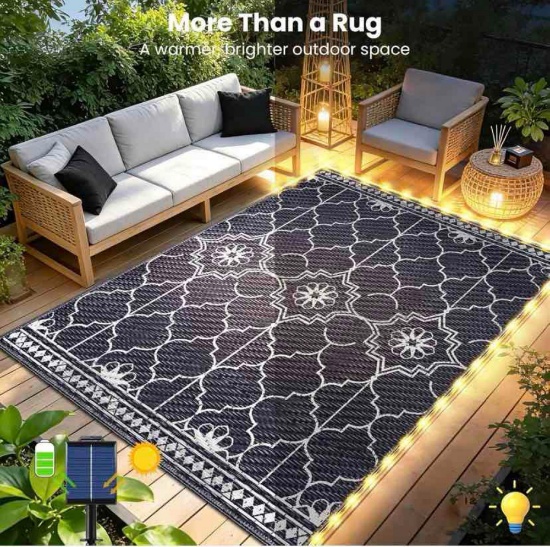 Lighted Outdoor Rug 8x10 ft, Solar Powered Patio Rug with 113 LED Lights, Waterproof Plastic