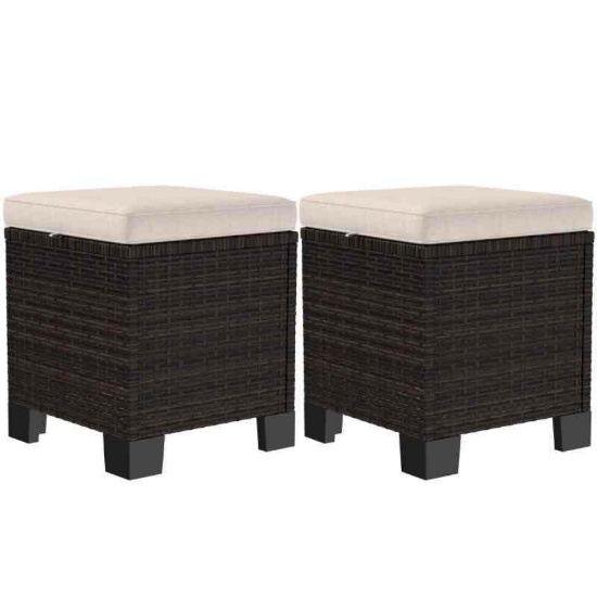Outsunny 2 Piece Wicker Outdoor Ottomans with Cushions, Rattan Ottoman Footrest and Side Table for