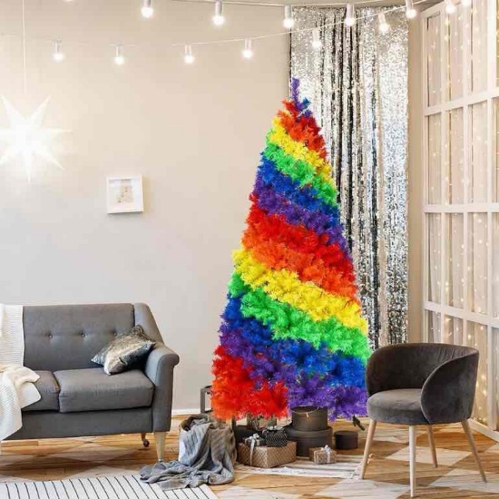 Costway 7FT Artificial Hinged Colorful Rainbow Full Fir Christmas Tree