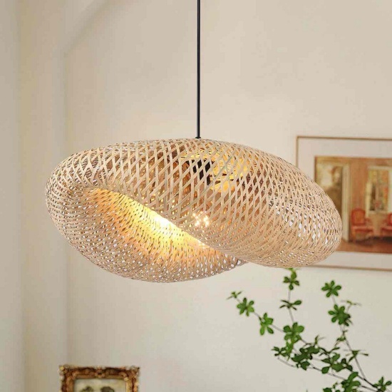 Cordrey Farmhouse Woven Bamboo Pendant Lighting Fixtures, Adjustable Vintage Rustic Rattan Ceiling