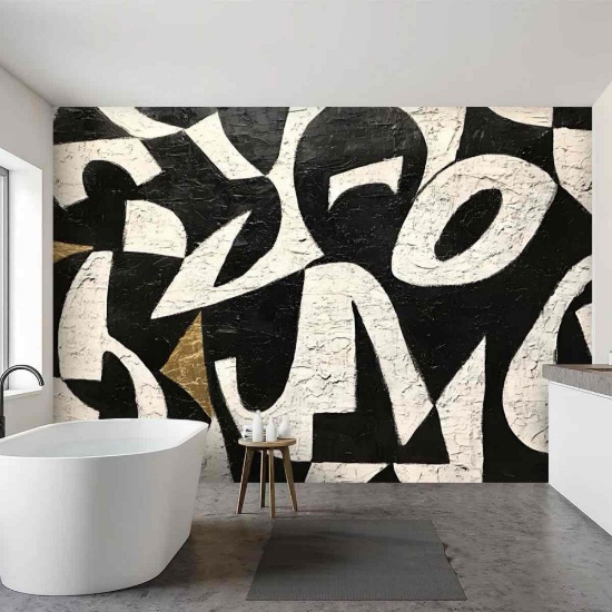 Wall Mural Peel and Stick Wallpaper Abstract Graffiti Black White Swirling Brushstrokes Gold