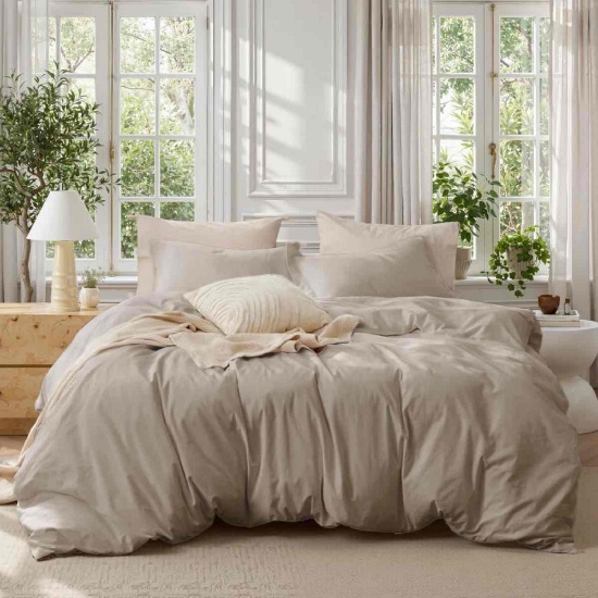 Bedsure 100% Washed Cotton Duvet Cover Queen Set - Minimalist Cotton Beding Set For All Seasonset