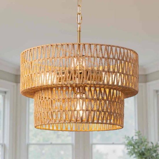 4- Light 17.7" Hand - Woven Rattan Drum Chandelier