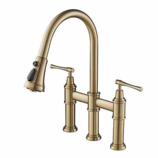 Double Handle Transitional Bridge Kitchen Faucet with Pull-Down Sprayhead