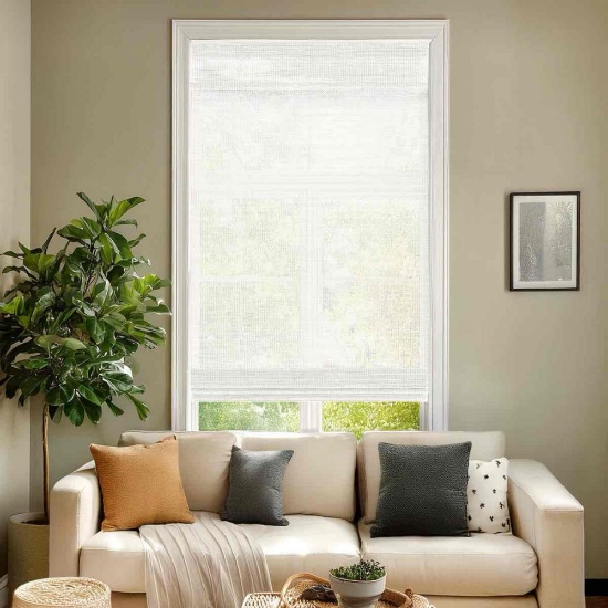 Light-Filtering Cordless Mesh White Bamboo Window Shade 35 in. W x 36 in. L