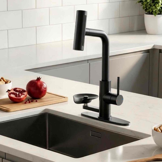 Matte Black Pull Down Kitchen Faucet With Integrated Glass Rinser And Waterfall