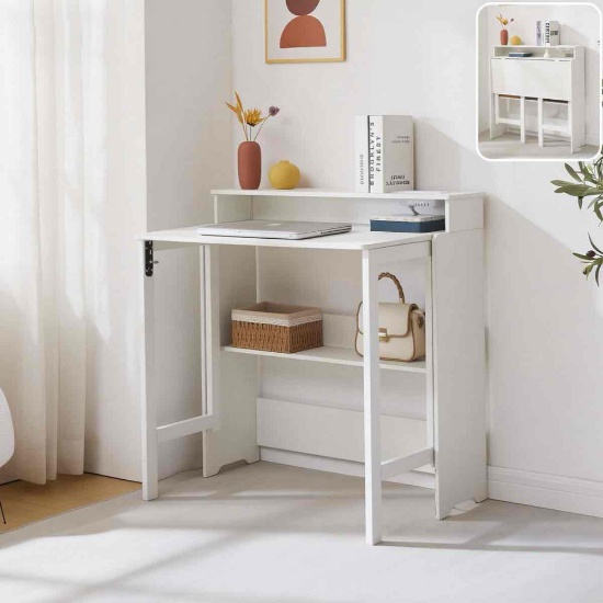 Black Folding Desk, Home Office Desk with Double Layer Shelf, Writing Desk With Built-In Power