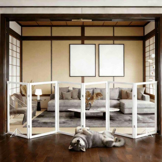 Clear 6 - Panel Wooden Pet Gate - Extra Wide Freestanding Dog