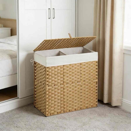 Wicker Laundry Hamper with Lid, 130L (34Gal) Foldable 2-Section Laundry Basket