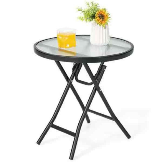 18 in. W Black Round Foldable Metal Patio Side Table with Tempered Glass Top for Outdoor, Deck or